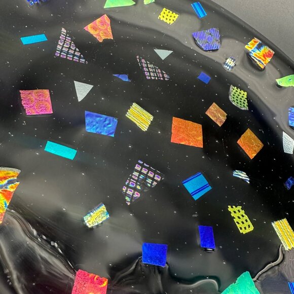 Fused Glass Plate Abstract Mosaic Black Rainbow Handmade Art Decor Dichroic Tray - Picture 5 of 7